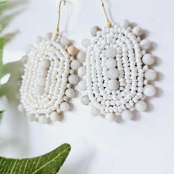 🌿 Beaded White Bohemian Shield Hoop Earrings | Handmade Indigenous Earrings - Picture 3 of 6